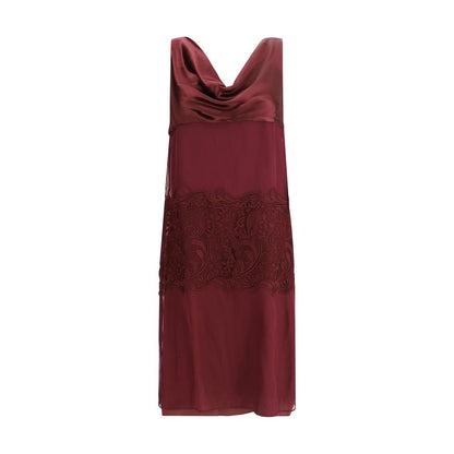 Ferragamo Bordeaux Silk Cocktail Dress with draped neckline and elegant embroidery, embodying 1920s elegance with modern sophistication.