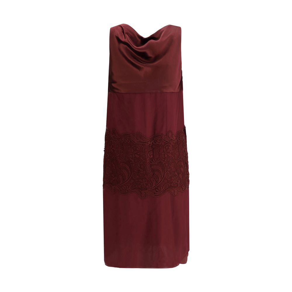 Ferragamo Bordeaux Silk Cocktail Dress with draped neckline and embroidered details.