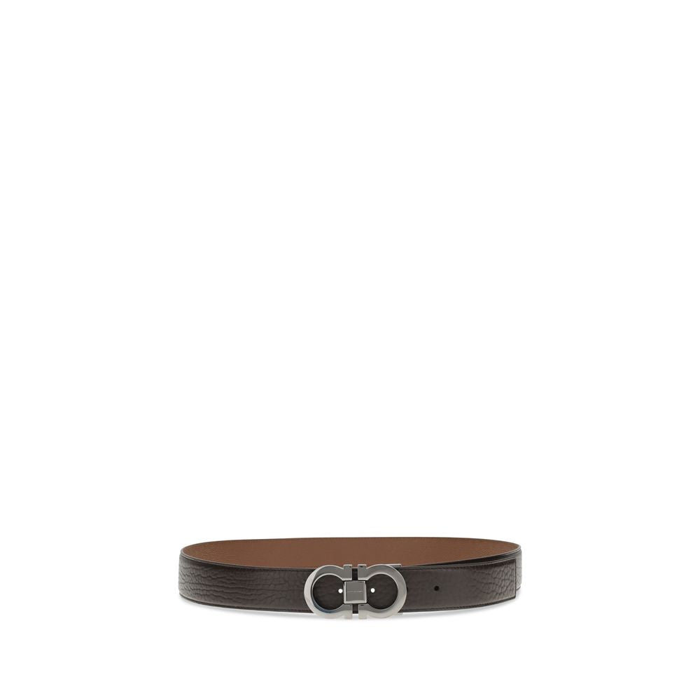 Ferragamo Brown Leather Regular Belt with reversible design and Gancini buckle, showcasing sophistication and adjustable fit for elegant style.