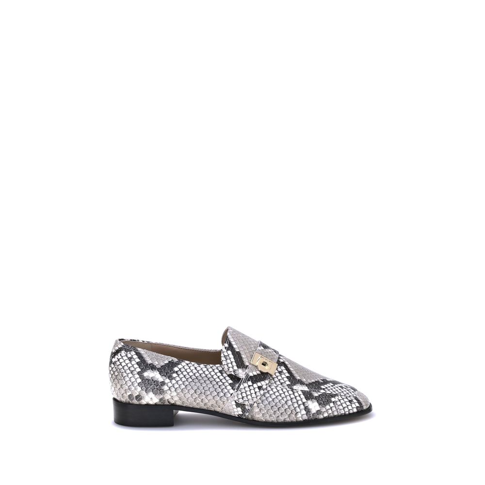 Ferragamo Multicolor Goatskin Slip-On Loafers with python print and golden metal details, featuring a square toe and block heel.
