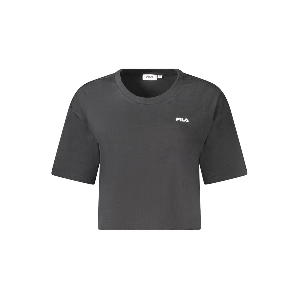 Fila Black Cotton Women's T-Shirt with iconic logo design, loose cropped fit, eco-friendly organic fabric for a trendy fashion statement.