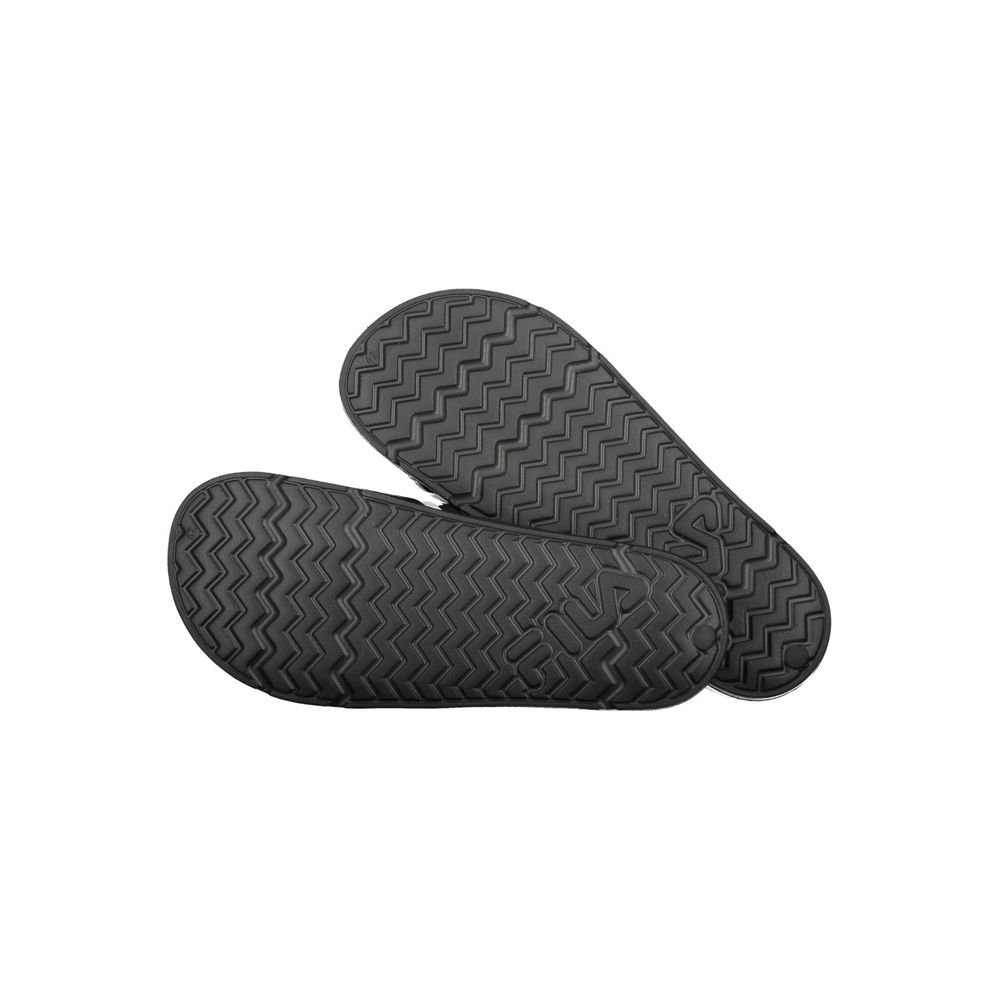 Fila Black Polyethylene Men Sandal sole view with Fila logo, showcasing durable, stylish design and zigzag tread for comfortable wear.