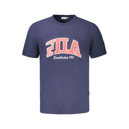 Fila Blue Cotton Men T-Shirt with graphic print and logo, short sleeve crew neck, 100% cotton, ideal for casual style.