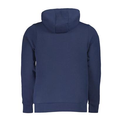 Back view of Fila Blue Polyester Men Sweater with hood showcasing simple design and cozy fit.