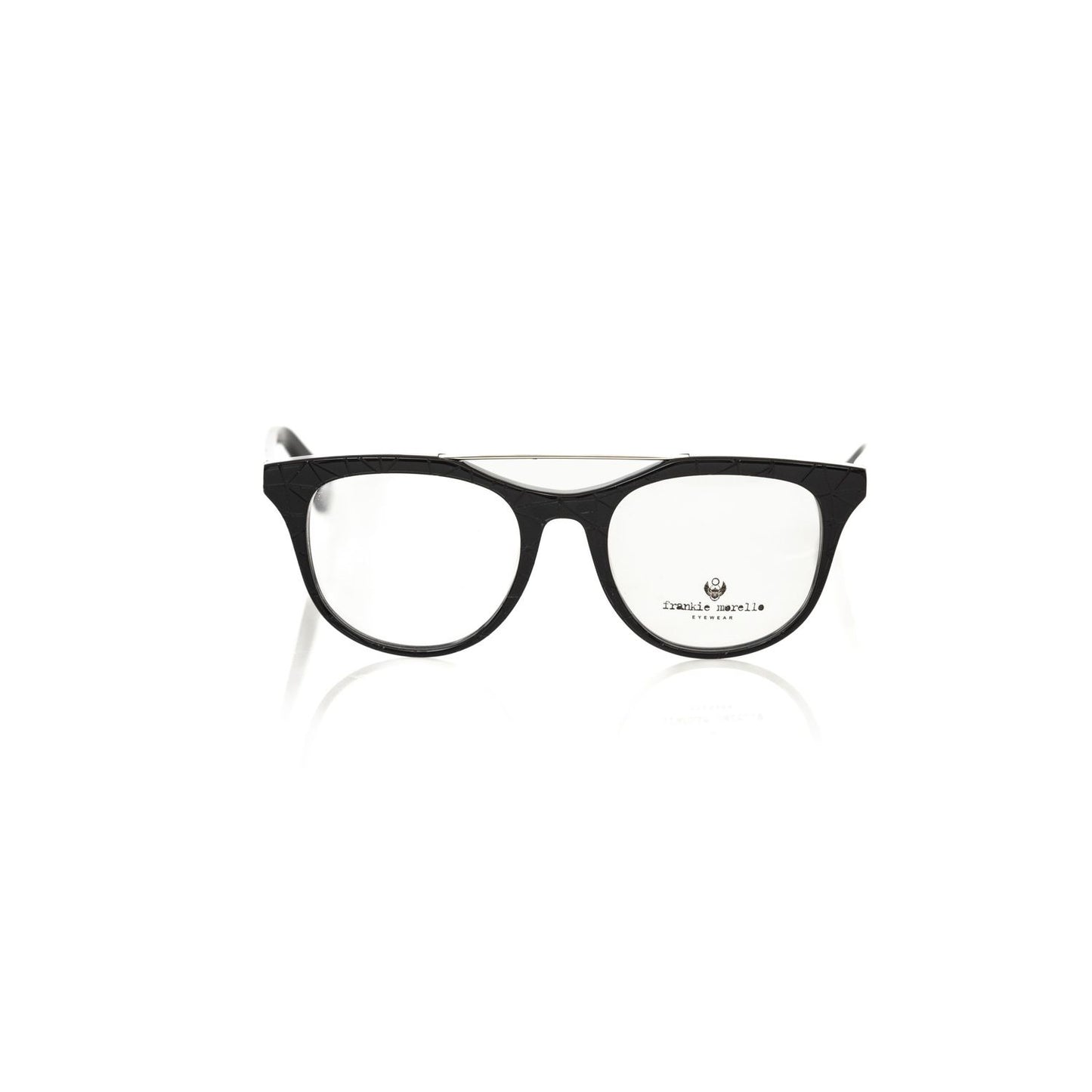 Frankie Morello Black Acetate Unisex Eyeglass Frame with geometric pattern, Italian craftsmanship, sophisticated and fashion-forward style.