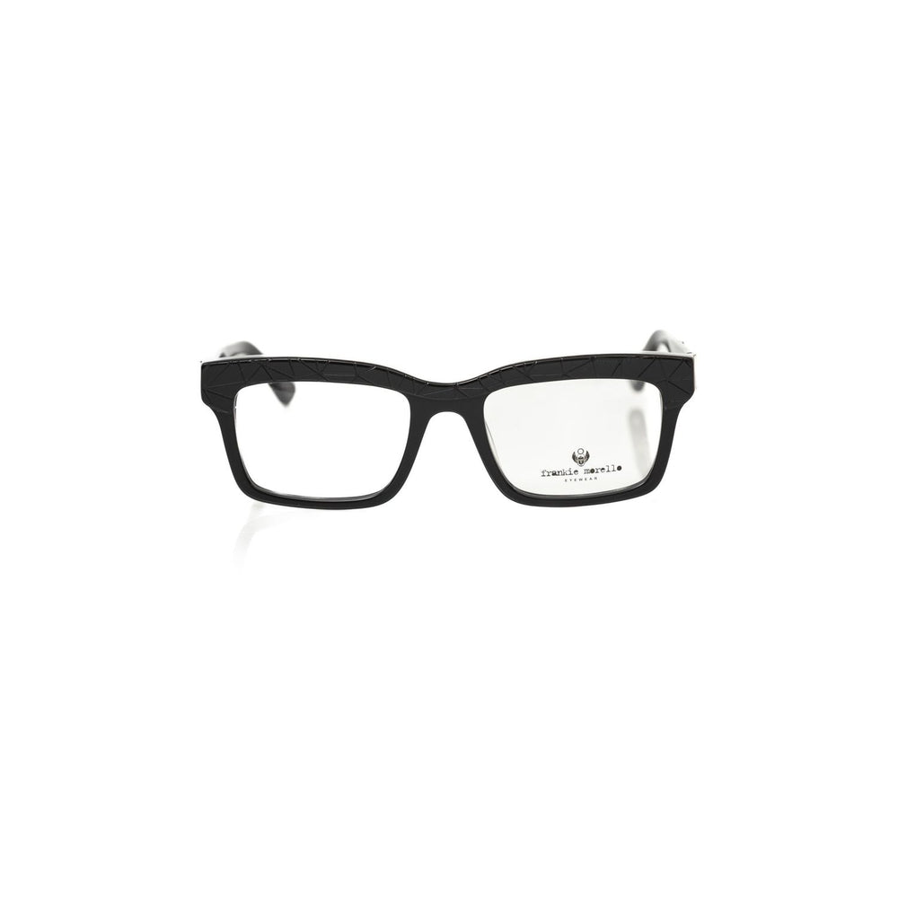 Frankie Morello Black Acetate Unisex Frame, bold black Wayfarer eyeglasses with geometric acetate pattern for a fashion-forward look.