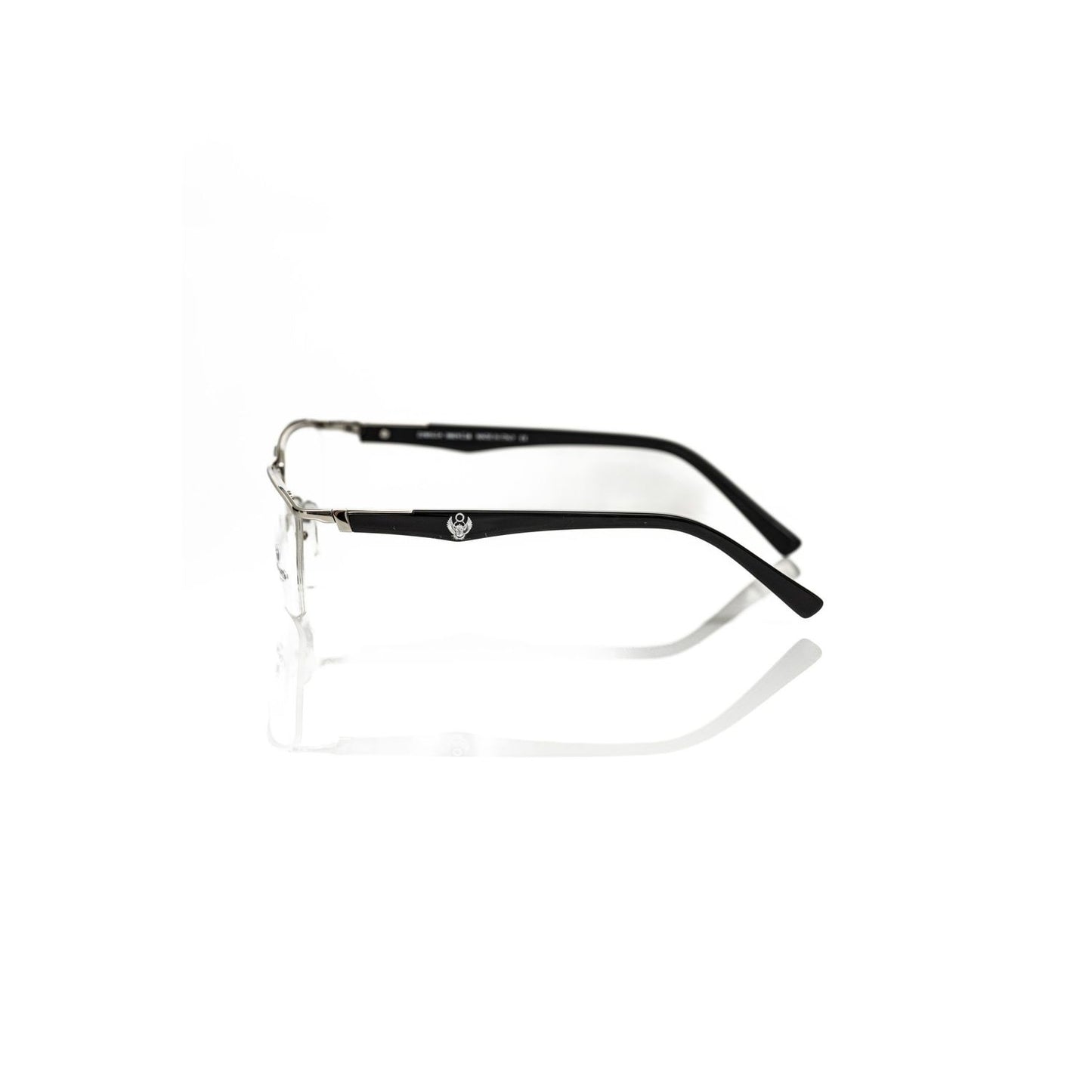 Side view of Frankie Morello Black Metallic Unisex Frame eyeglasses with sleek design and iconic logo detail.