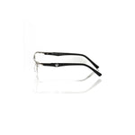 Side view of Frankie Morello Black Metallic Unisex Frame eyeglasses with sleek design and iconic logo detail.