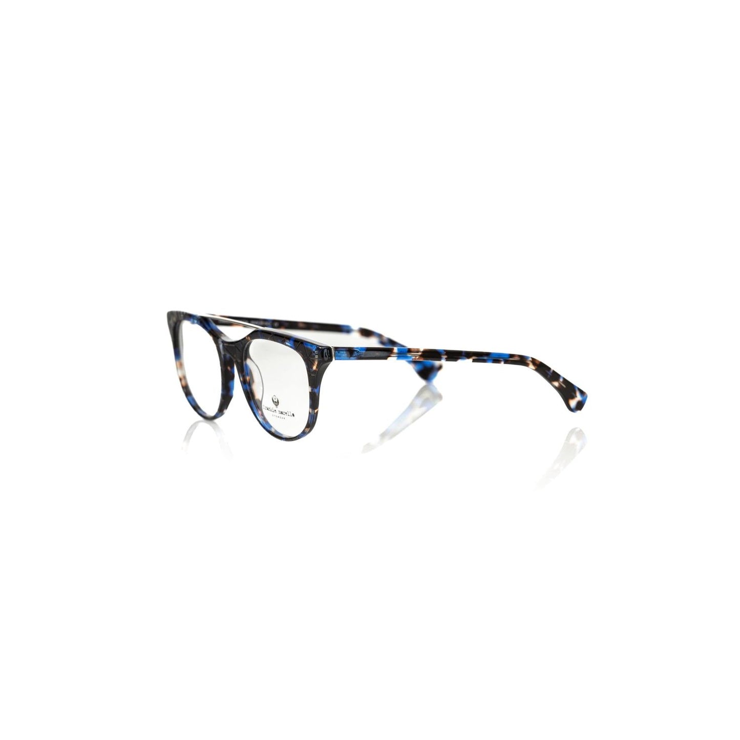Frankie Morello Blue Acetate Unisex Eyeglass Frame in Blue Havana design, showcasing bold Italian craftsmanship and geometric style.