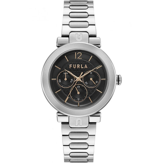 Furla Gray Stainless Steel Bracelet Watch with black dial and multifunction quartz analog display, 38mm case, pressure closure.