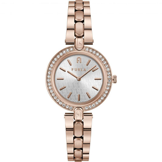 Furla Multicolor Stainless Steel Bracelet Watch with pink stainless steel case, grey dial, and mineral glass, featuring quartz movement.