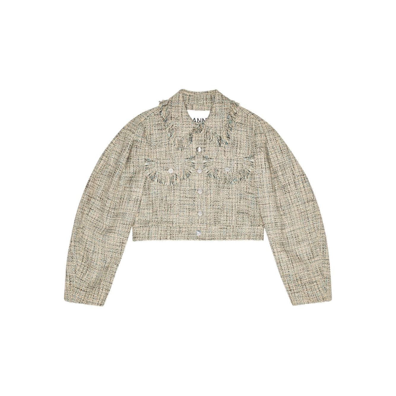 GANNI Jackets Beige, tweed jacket with frayed detailing, front button, two chest pockets, and a pointed flat collar in light beige.