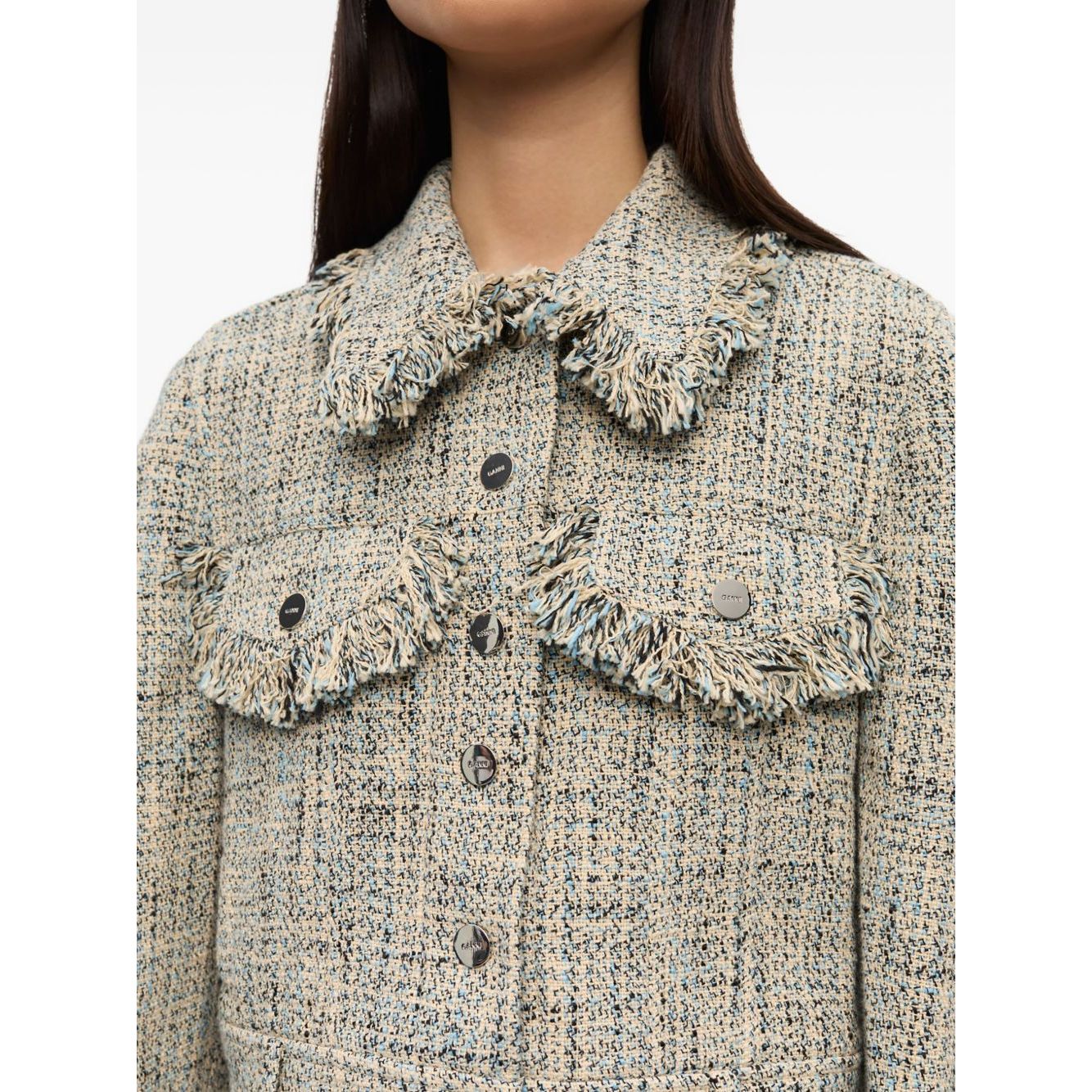 GANNI Jackets Beige with light beige tweed, front button fastening, two chest pockets, frayed detailing, and pointed flat collar.
