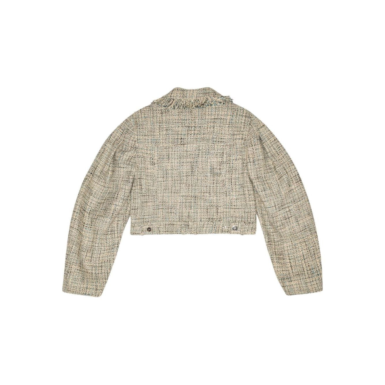 GANNI Jackets Beige tweed jacket with front button fastening, two chest pockets, frayed detailing, and pointed collar.