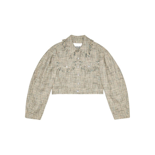 GANNI Jackets Beige, tweed jacket with frayed detailing, front button, two chest pockets, and a pointed flat collar in light beige.
