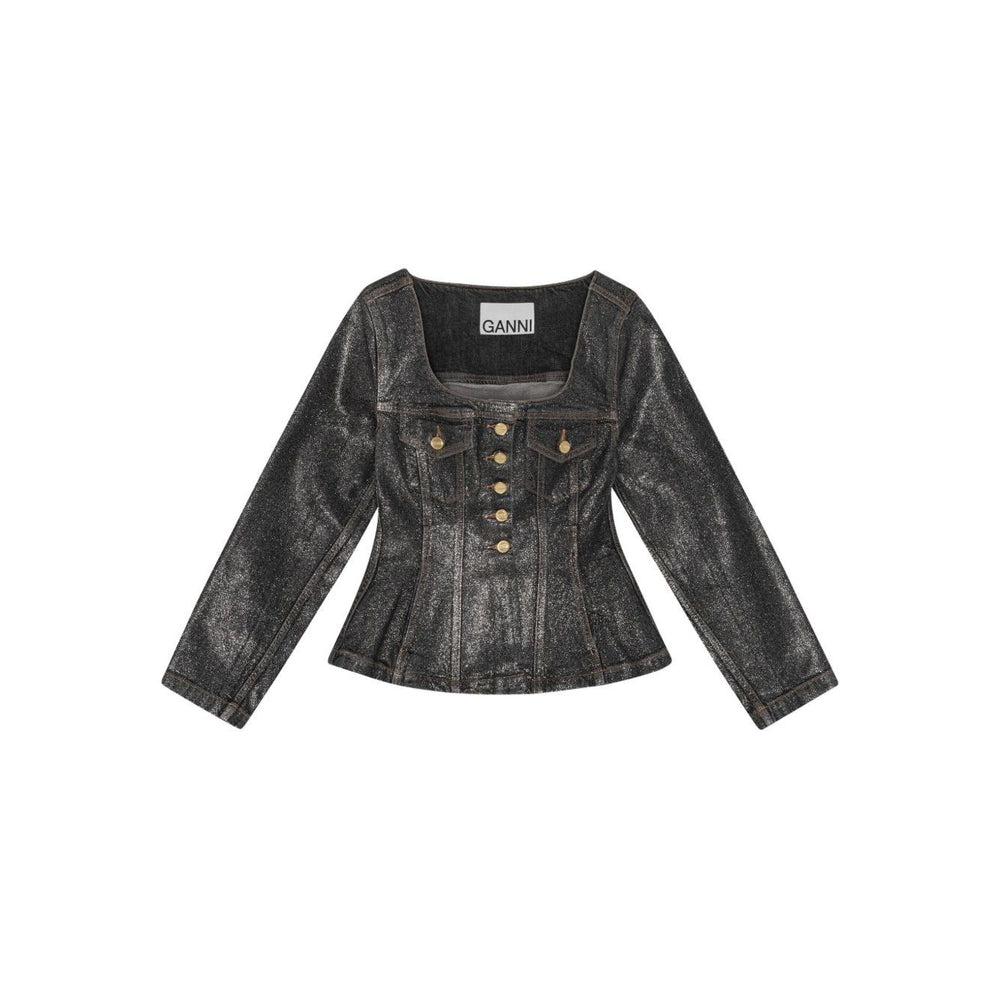 GANNI Jackets Black denim cotton blazer with front button fastening and peplum waist, featuring two chest flap pockets.