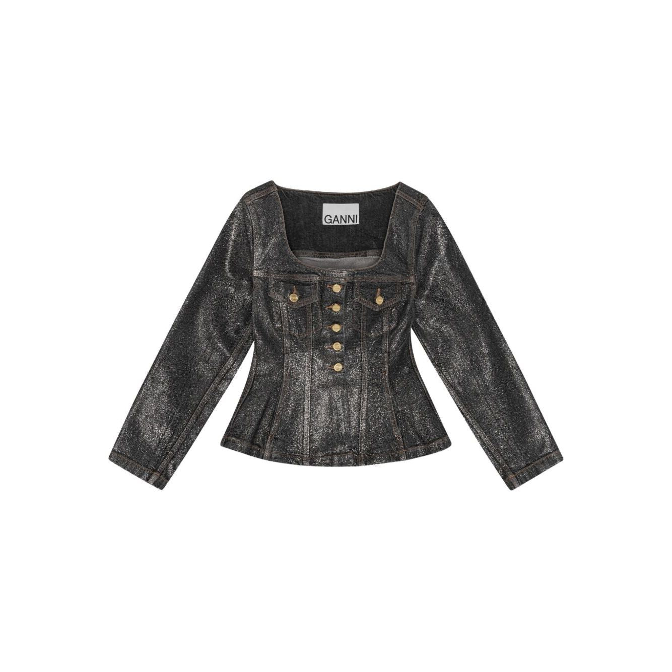 GANNI Jackets Black denim cotton blazer with front button fastening and peplum waist, featuring two chest flap pockets.