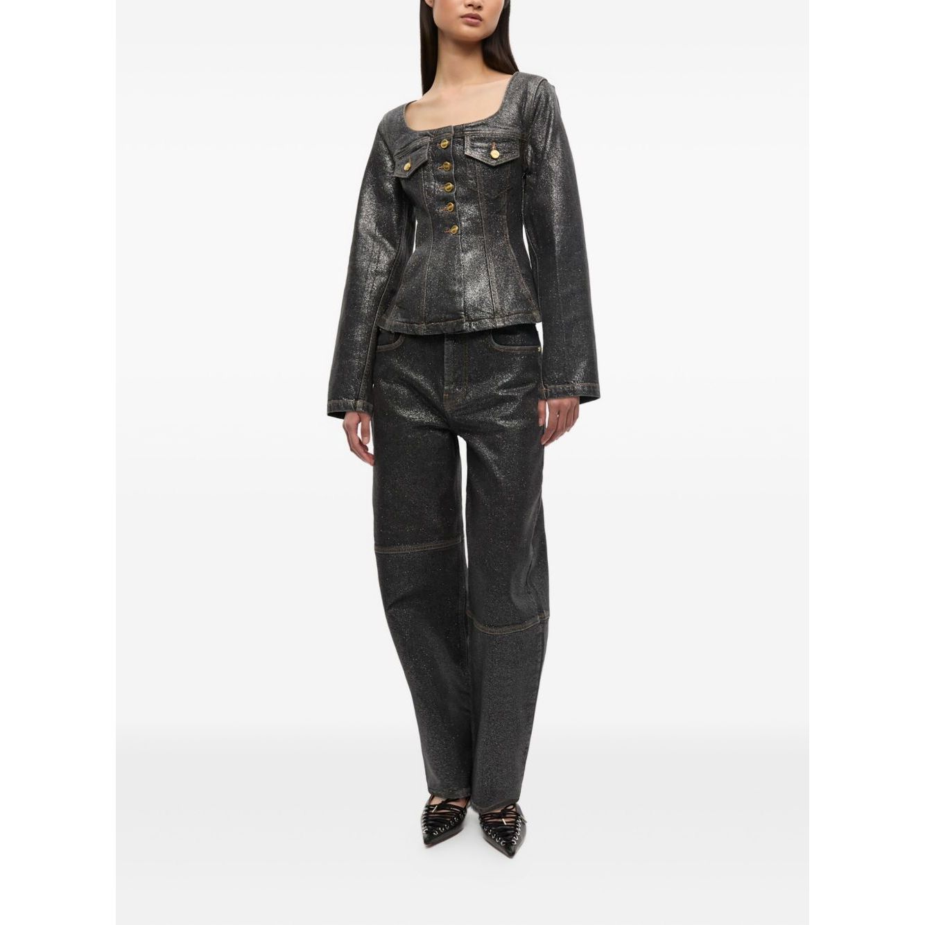 GANNI Jackets Black - Denim cotton blazer with peplum waist and chest flap pockets, front button fastening, stylish for women.