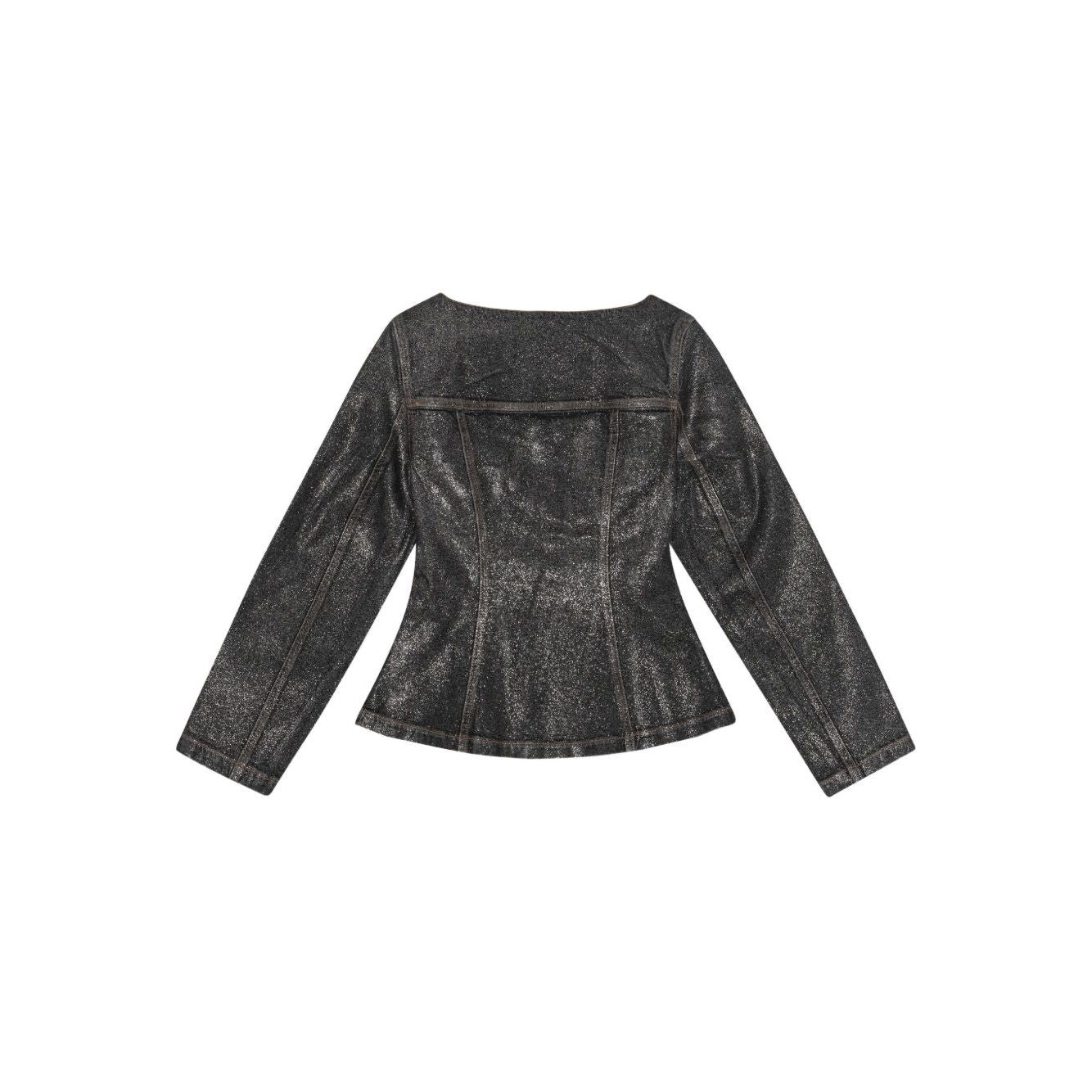 GANNI Jackets Black - black denim cotton blazer with peplum waist and chest flap pockets, back view