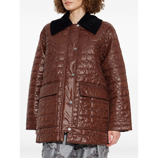 GANNI Jackets Brown with quilted design, contrasting collar, snap button fastening, flap pockets, and logo pattern, made of nylon.