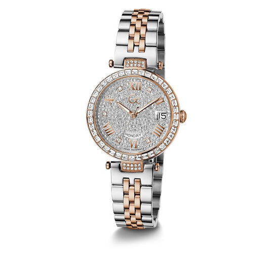 Luxury analog watch with crystal-embellished dial, two-tone metal strap, perfect for formal wear.