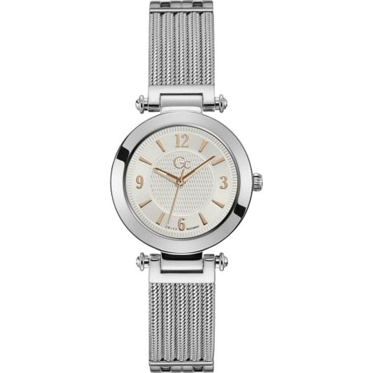 GC Silver Stainless Steel Dress Watch with quartz mechanism, analog display, and mineral glass, featuring a silver case and bracelet.