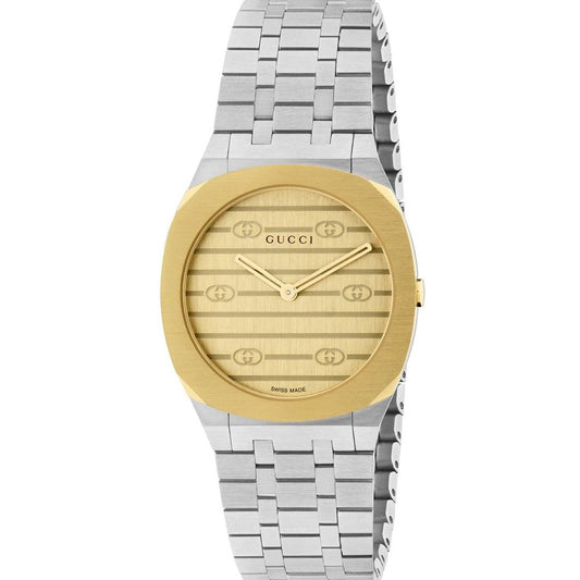 Luxury wristwatch from GUCCI Mod. 25H COLLECTION with gold bezel and silver bracelet, Swiss made.