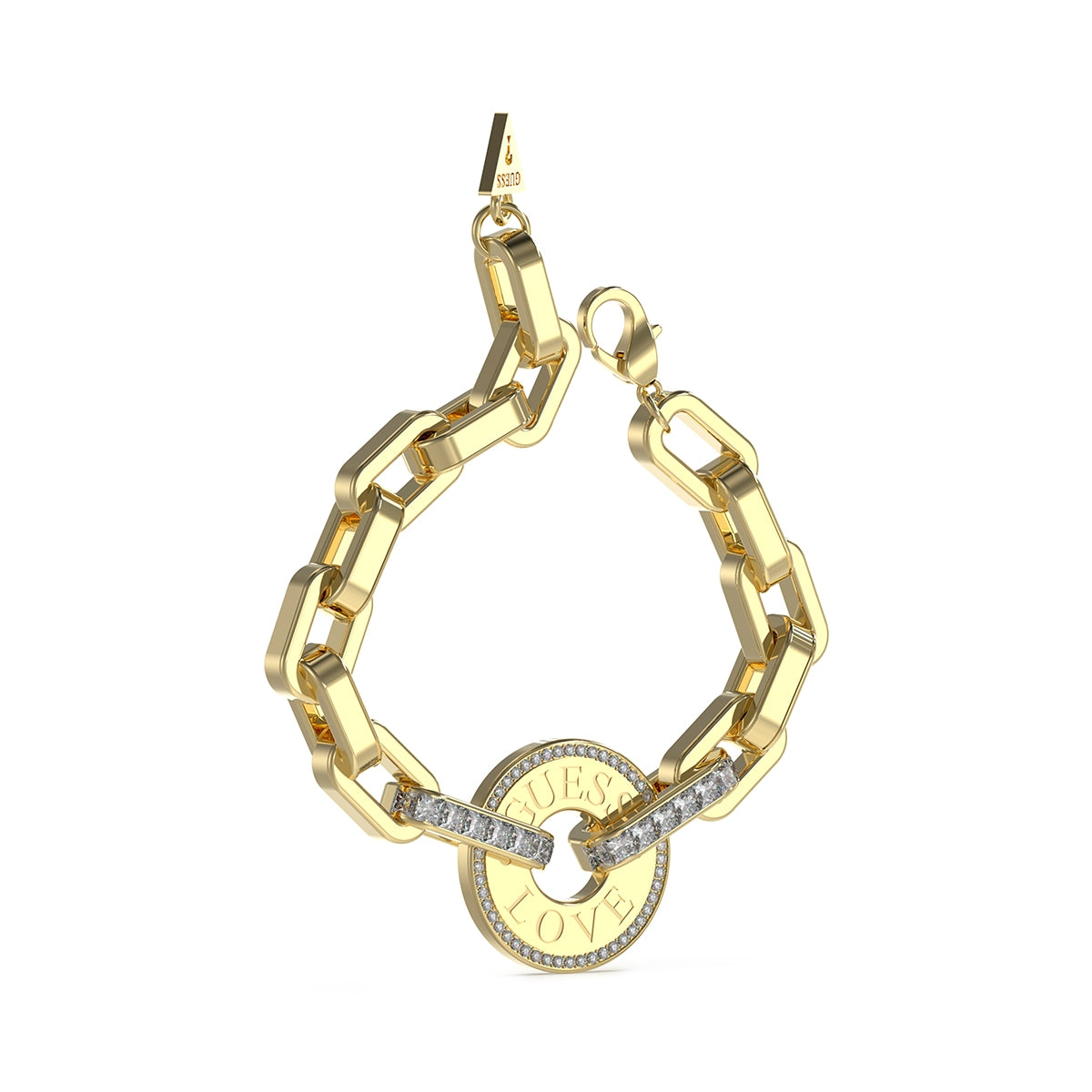 GUESS JEWELS JEWELRY Mod. JUBB04076JWYGS gold chain bracelet with round charm on white background.