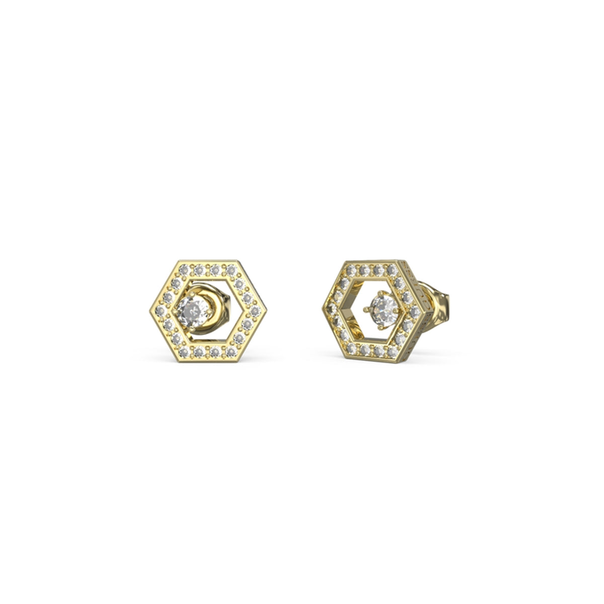 Golden hexagon-shaped earrings with crystals, featuring GUESS JEWELS JEWELRY Mod. JUBE04651JWYGT-U.