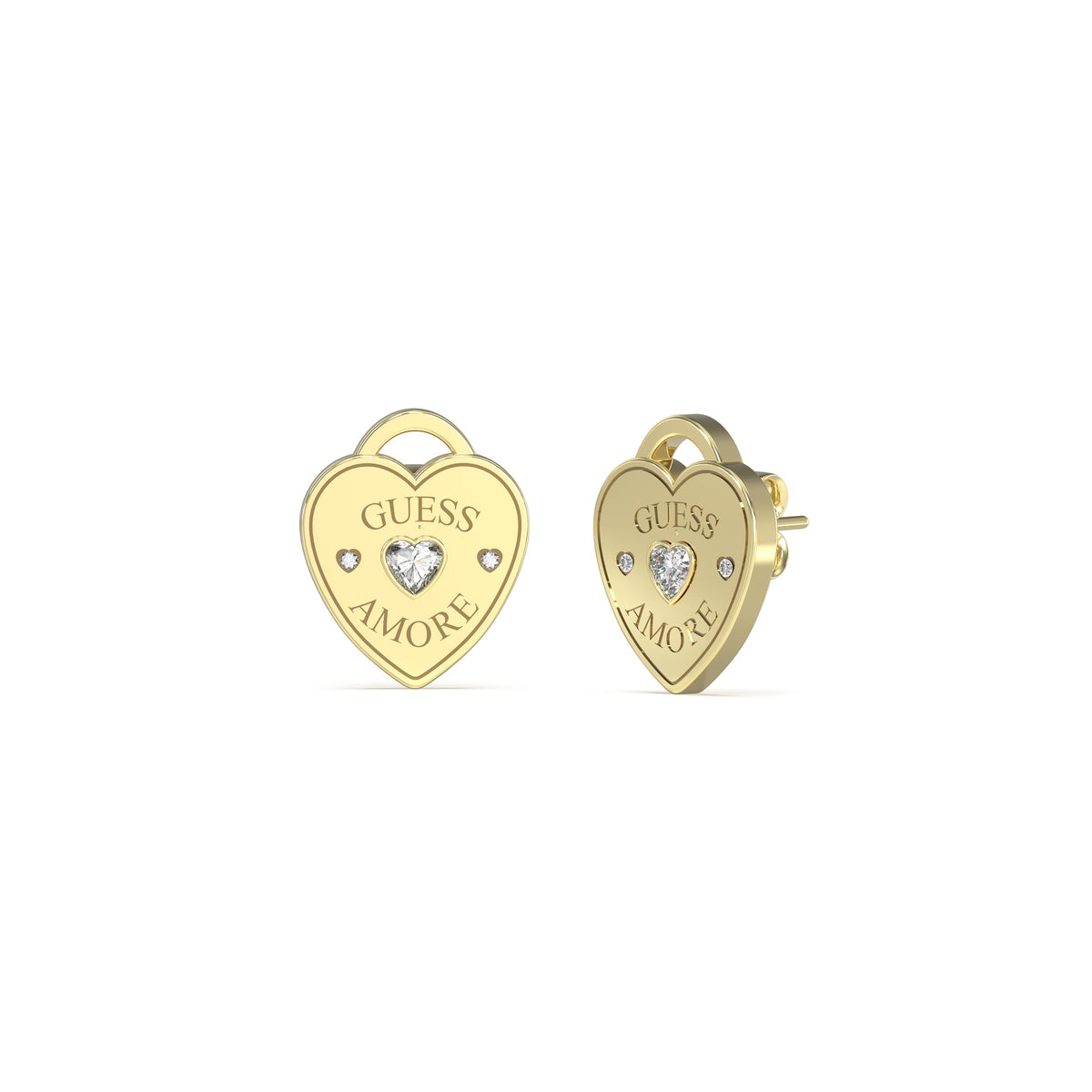 GUESS JEWELS JEWELRY Mod. JUBE05058JWYGT-U heart-shaped earrings with "GUESS AMORE" and crystal accents