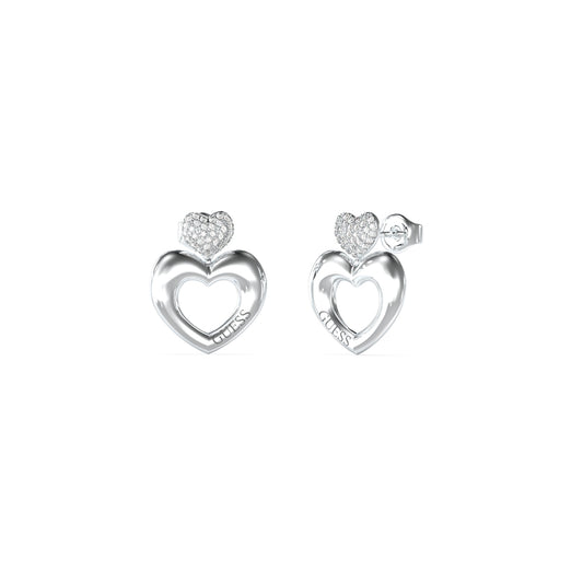 GUESS JEWELS JEWELRY Mod. JUBE05209JWRHT-U silver heart-shaped earrings with crystal accents.