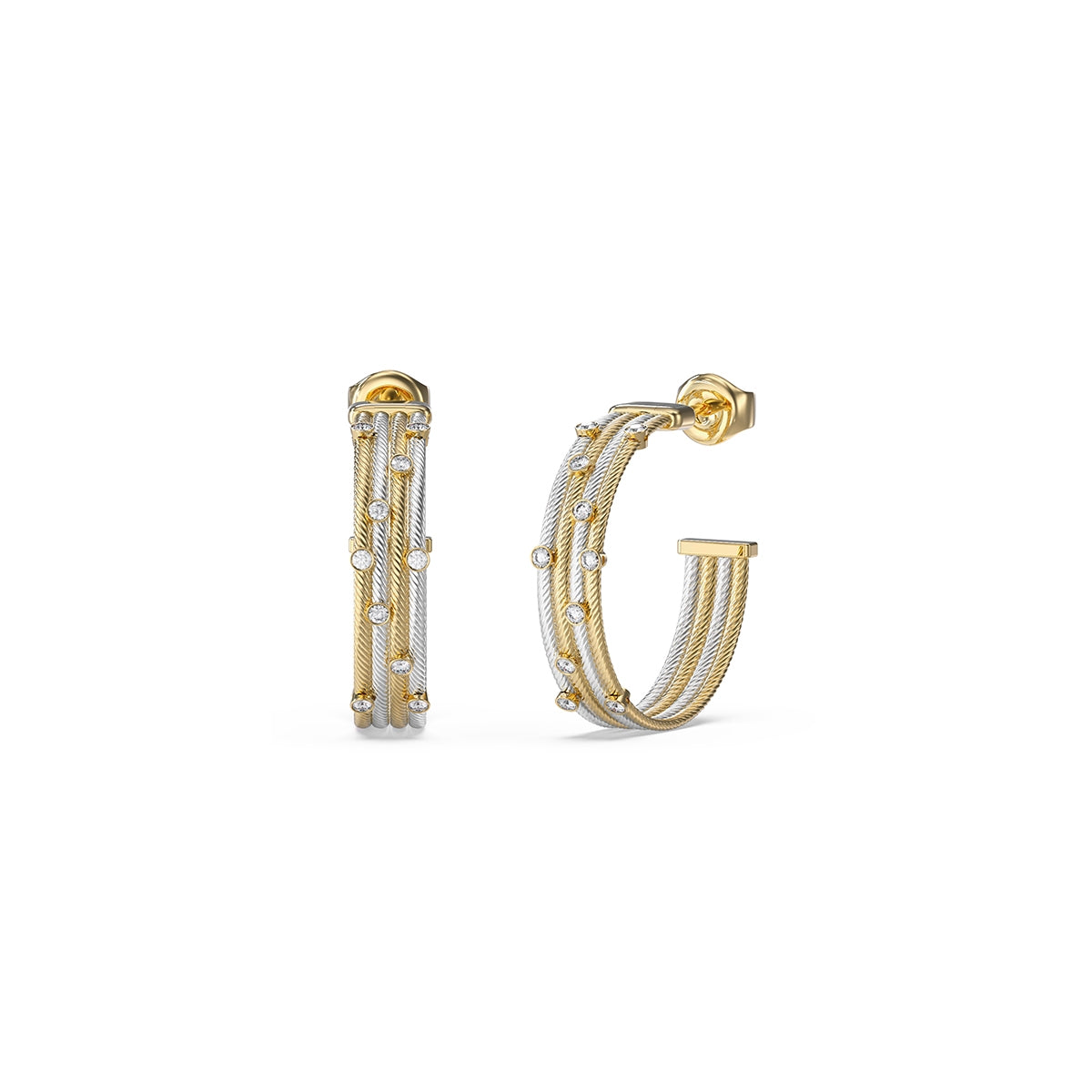Gold and silver hoop earrings from GUESS JEWELS JEWELRY Mod. JUBE05386JWYGRHT-U, featuring intricate detailing and gemstones.