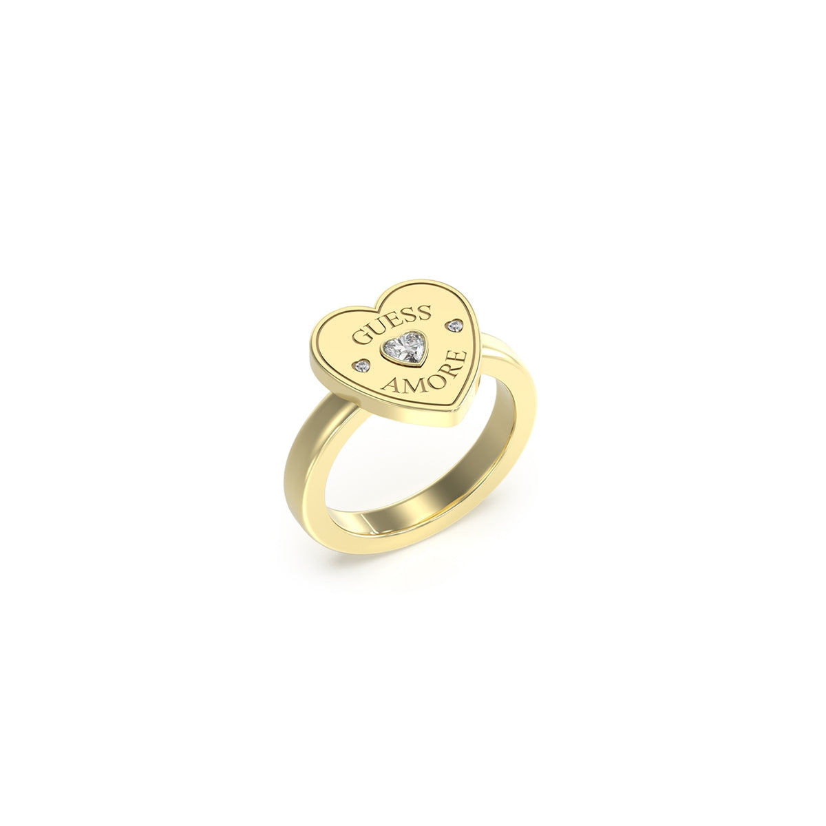 GUESS JEWELS JEWELRY Mod. JUBR05059JWYG54 heart-shaped gold ring with "GUESS AMORE" engraving and crystal detail