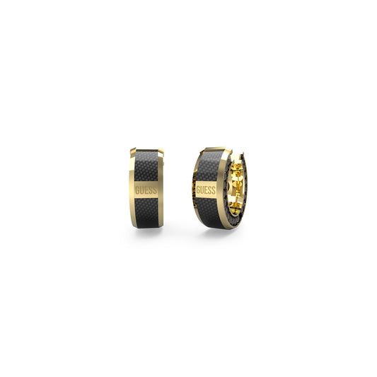 GUESS JEWELS JEWELRY Mod. JUME04042JWYGBKT-U gold and black hoop earrings on white background