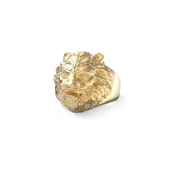 Gold lion-shaped ring from GUESS JEWELS JEWELRY Mod. JUMR01307JWYG64 showcasing intricate design with a stunning lion head.