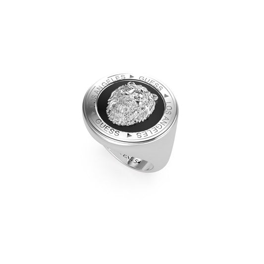 GUESS JEWELS JEWELRY Mod. JUMR01315JWSTBK64 silver ring with lion head design on top view.