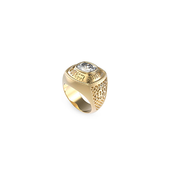 Gold ring from GUESS JEWELS JEWELRY Mod. JUMR01375JWYG64 with intricate engravings and a central gemstone.