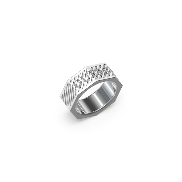 GUESS JEWELS JEWELRY Mod. JUMR03030JWST66 silver hexagonal ring with intricate design