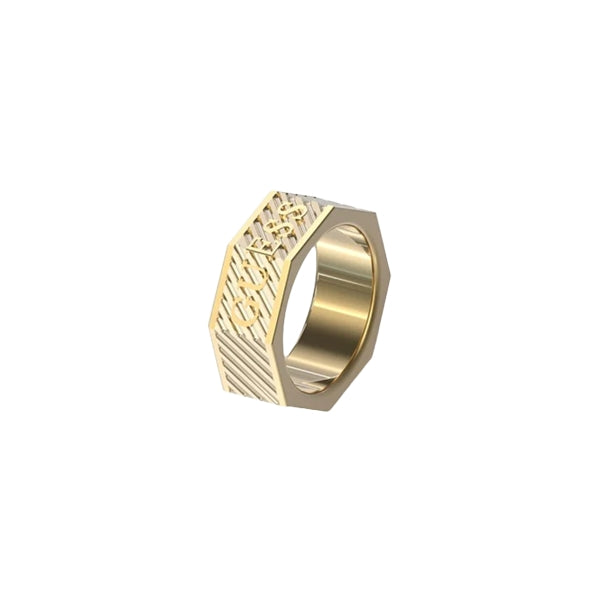 GUESS JEWELS JEWELRY Mod. JUMR03030JWYG62 gold ring with embossed logo design and textured edges