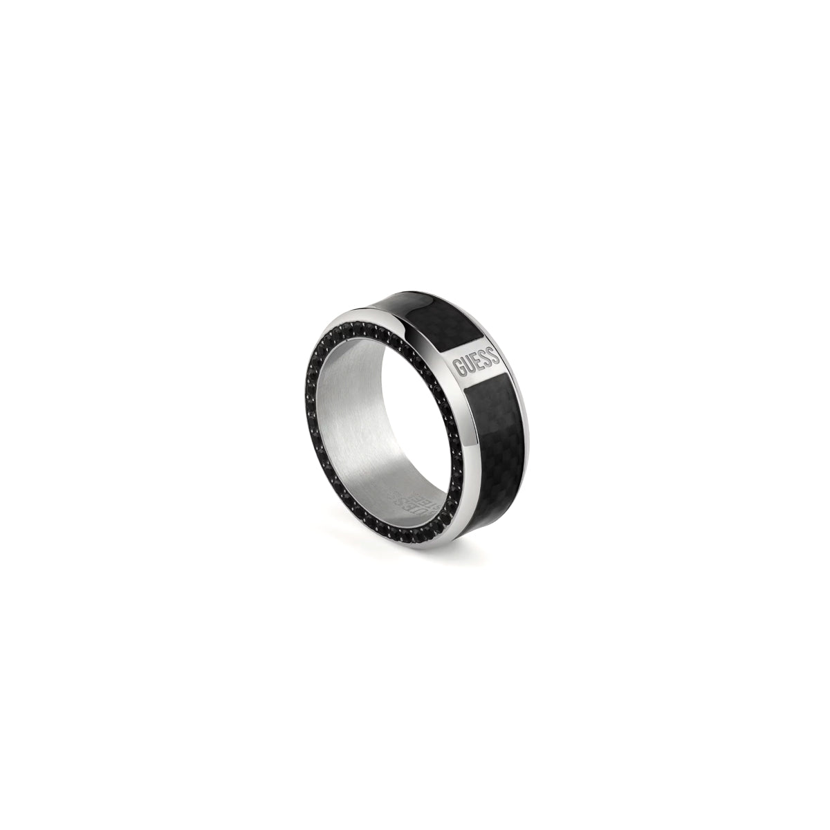 GUESS JEWELS JEWELRY Mod. JUMR04041JWSTBK64 sleek black and silver ring on white background