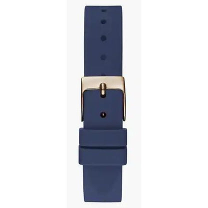 Alt Tag: Blue watch strap with gold buckle, GUESS Mod. GW0356L1 accessory for ladies, featuring silver 925° material and quartz movement.