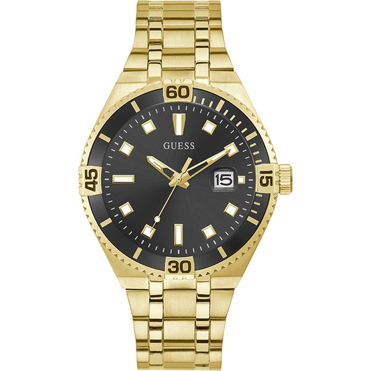 Gold GUESS Mod. PREMIER wristwatch with black dial, date display, quartz movement, and 3 ATM water resistance in official packaging.