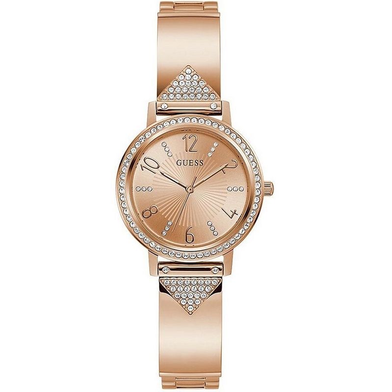 GUESS Mod. TRILUXE rose gold ladies wristwatch with quartz movement and mineral dial in official packaging.