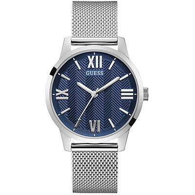 GUESS WATCHES Mod. GW0214G1 silver quartz watch with blue dial, mineral case, and mesh strap for men in official packaging.