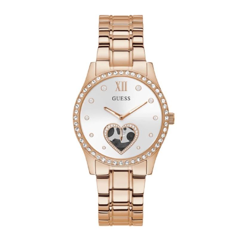 Rose gold analog watch with heart design on dial from GUESS Mod. GW0380L3, quartz movement, 38mm case, mineral dial, 5 ATM water resistance.