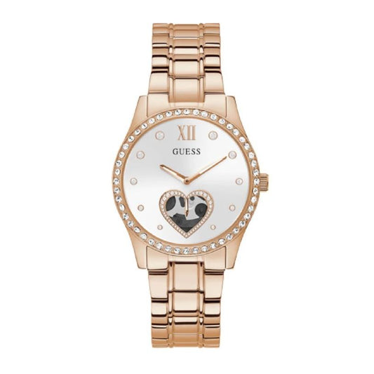 Rose gold analog watch with heart design on dial from GUESS Mod. GW0380L3, quartz movement, 38mm case, mineral dial, 5 ATM water resistance.