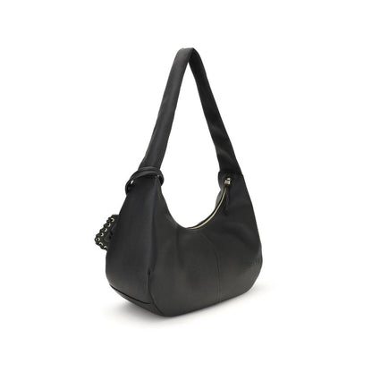 Ganni Black Recycled Polyester Shoulder Bag with gold-tone details and practical zipper closure, featuring a sleek leather design.