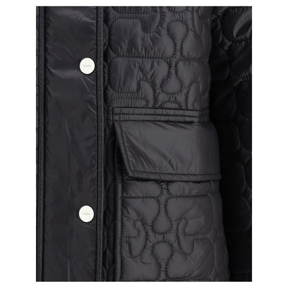 Close-up of Ganni Gray Nylon Coat showcasing quilted design and flap pocket for a stylish and functional look.
