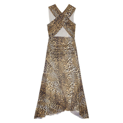 Ganni Leopard Marl Mesh Long Ruched Crossover Dress Dresses