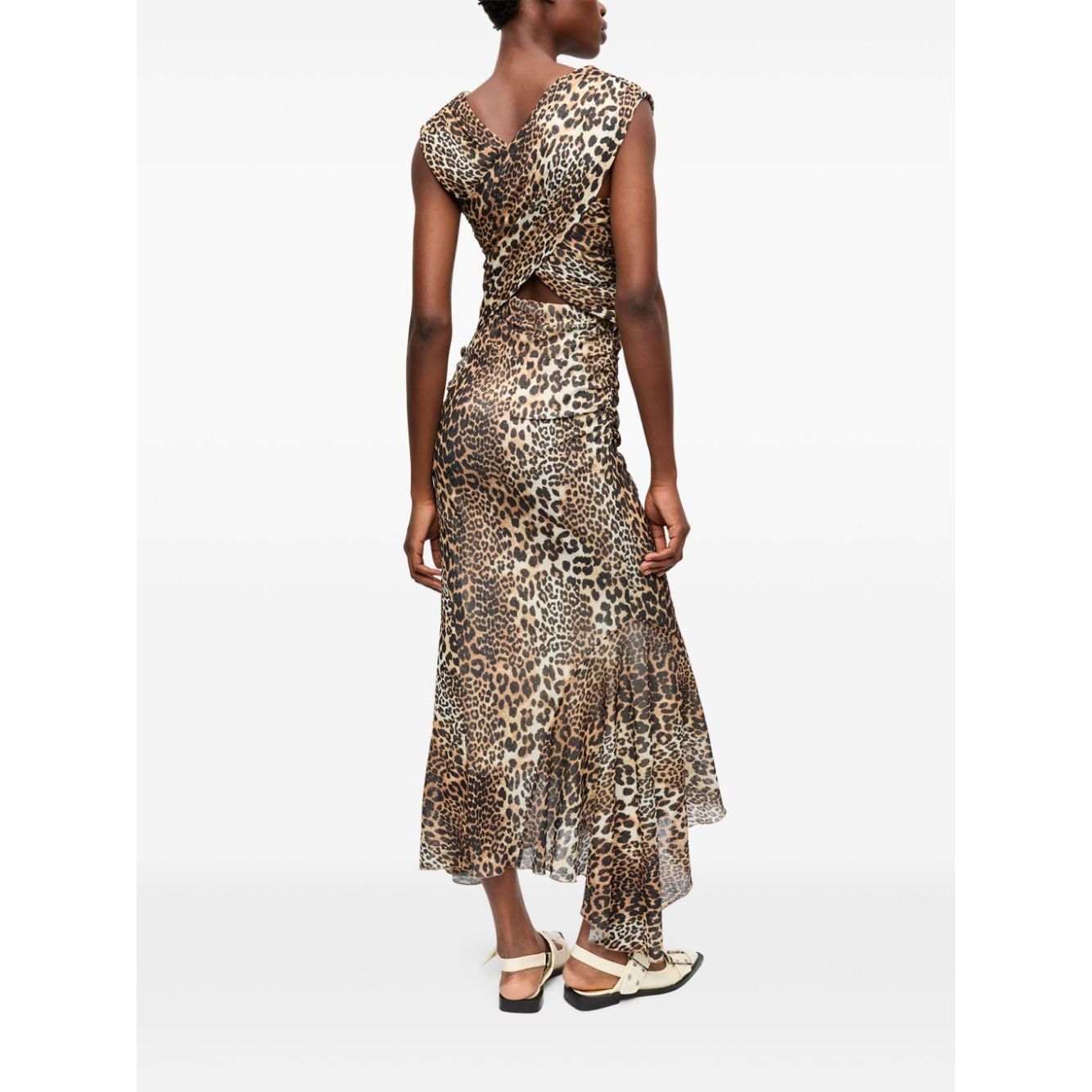 Ganni Leopard Marl Mesh Long Ruched Crossover Dress Dresses